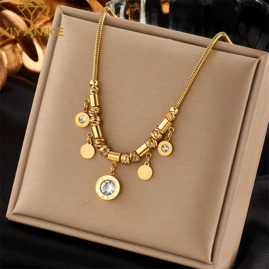 Stainless Steel Necklace for Women with White Zircon Round Pendant – Gold Color Trendy & Exquisite Jewelry for Parties