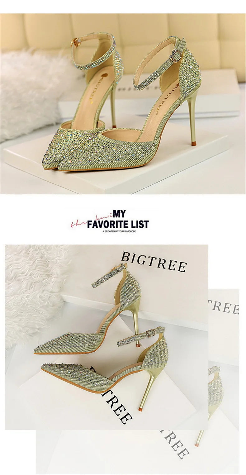 Shiny Rhinestone High Heel Pumps for Women - Stiletto Sandals with Buckle Strap, Pointed Toe Wedding & Party Shoes