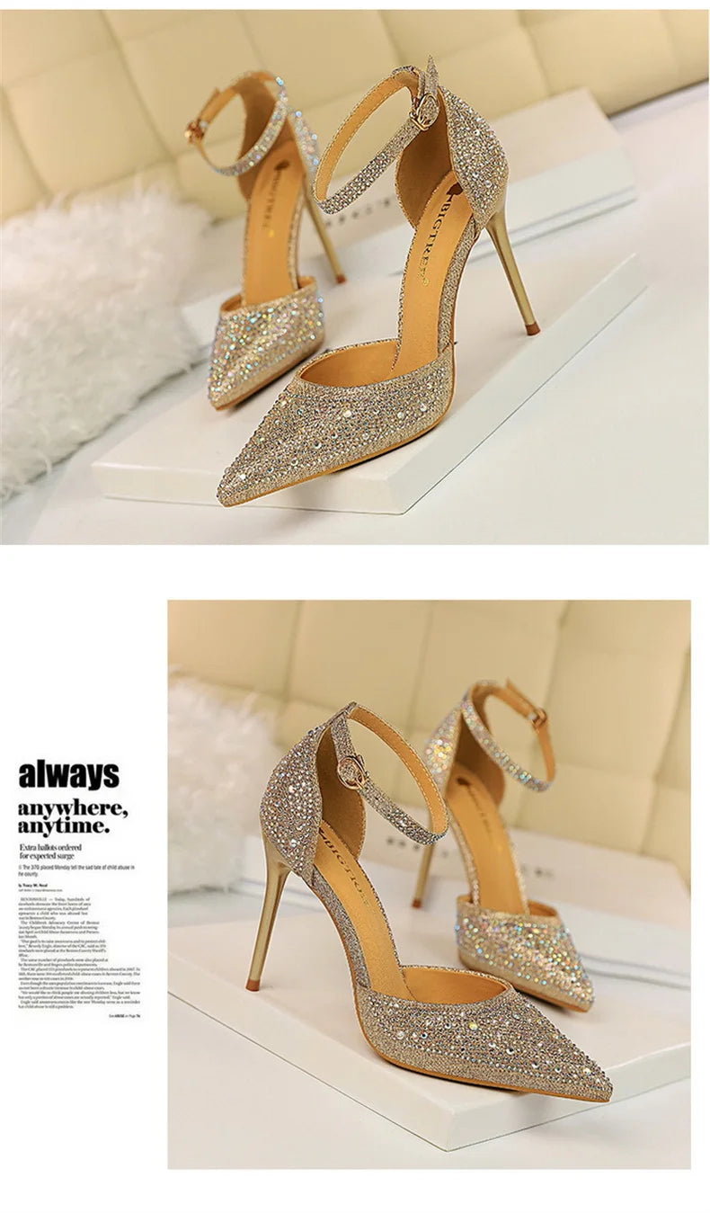 Shiny Rhinestone High Heel Pumps for Women - Stiletto Sandals with Buckle Strap, Pointed Toe Wedding & Party Shoes