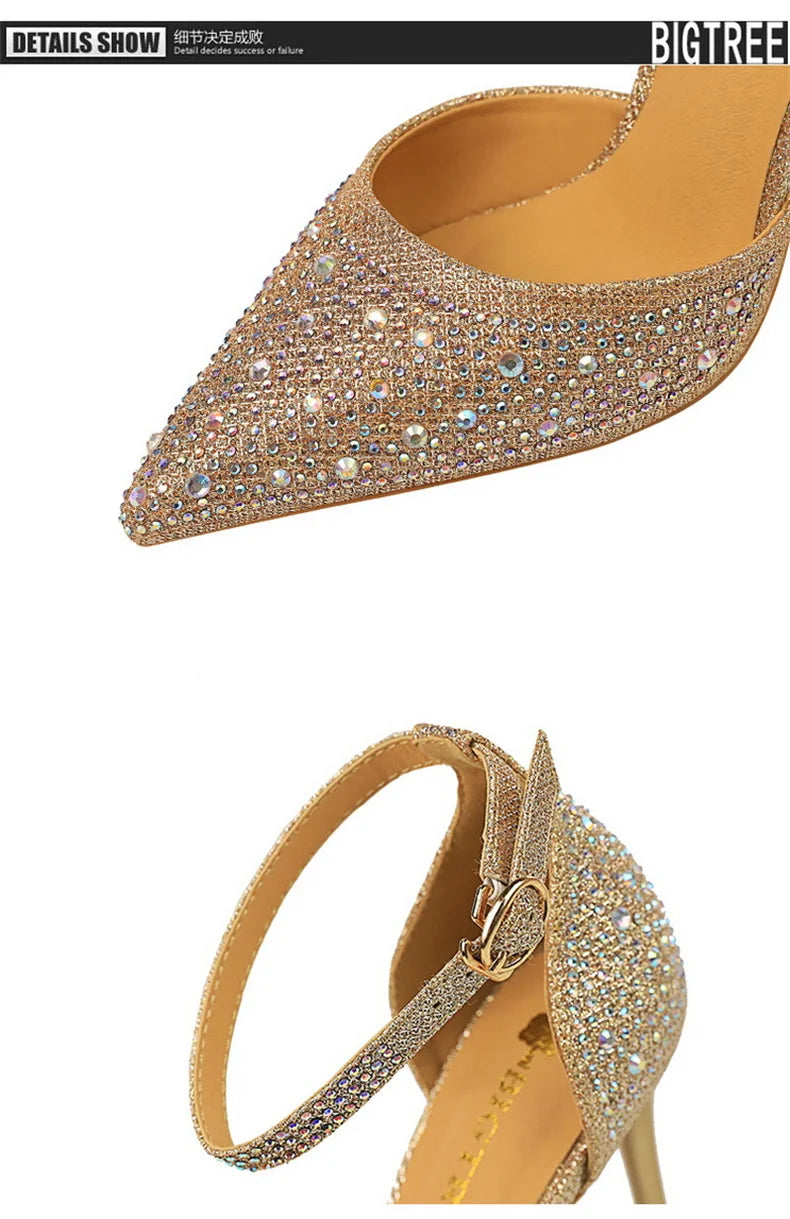 Shiny Rhinestone High Heel Pumps for Women - Stiletto Sandals with Buckle Strap, Pointed Toe Wedding & Party Shoes