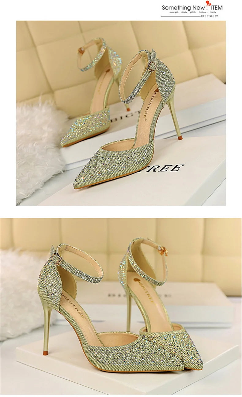 Shiny Rhinestone High Heel Pumps for Women - Stiletto Sandals with Buckle Strap, Pointed Toe Wedding & Party Shoes