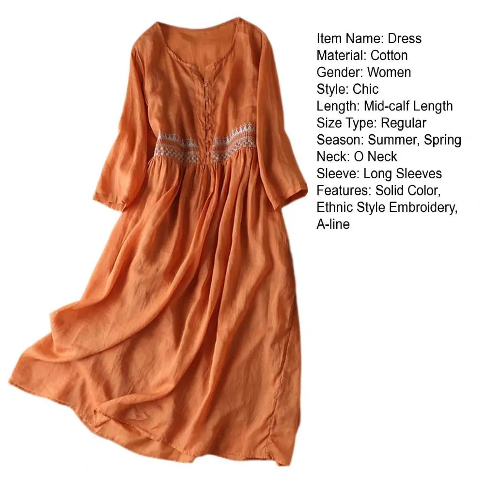 Spring Summer Women’s Dress – Ethnic Style Embroidery, Round Neck, Long Sleeve, A-Line Midi Dress, Loose Fit High Waist Double Layers