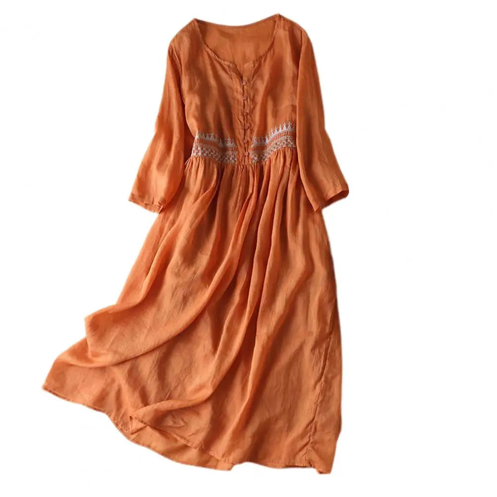 Spring Summer Women’s Dress – Ethnic Style Embroidery, Round Neck, Long Sleeve, A-Line Midi Dress, Loose Fit High Waist Double Layers