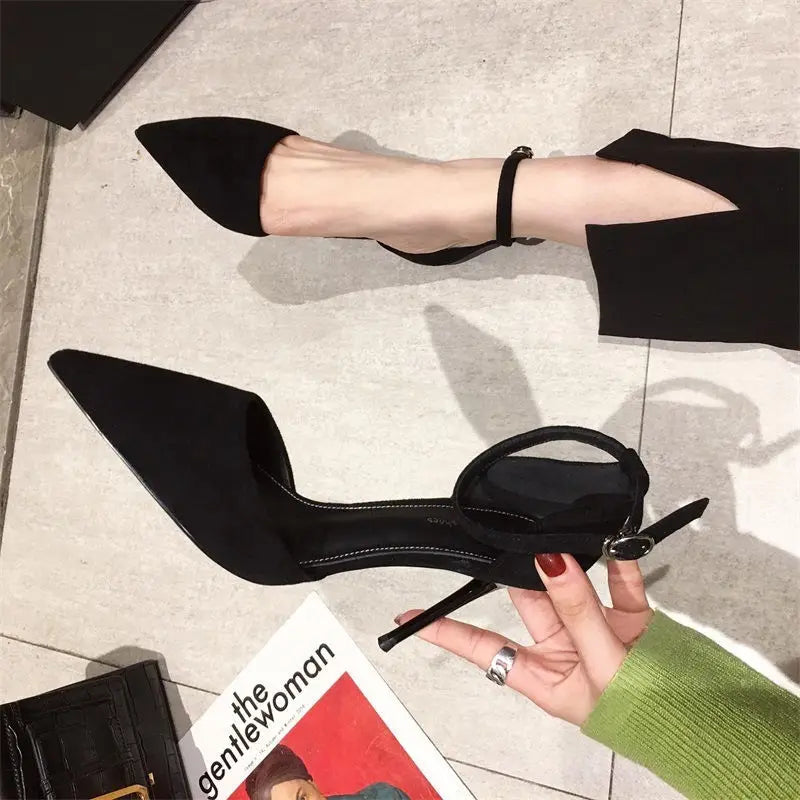 Elegant Pointed Toe Black Heels for Women with thin ankle strap