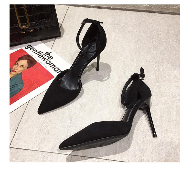 Elegant Pointed Toe Black Heels for Women with thin ankle strap