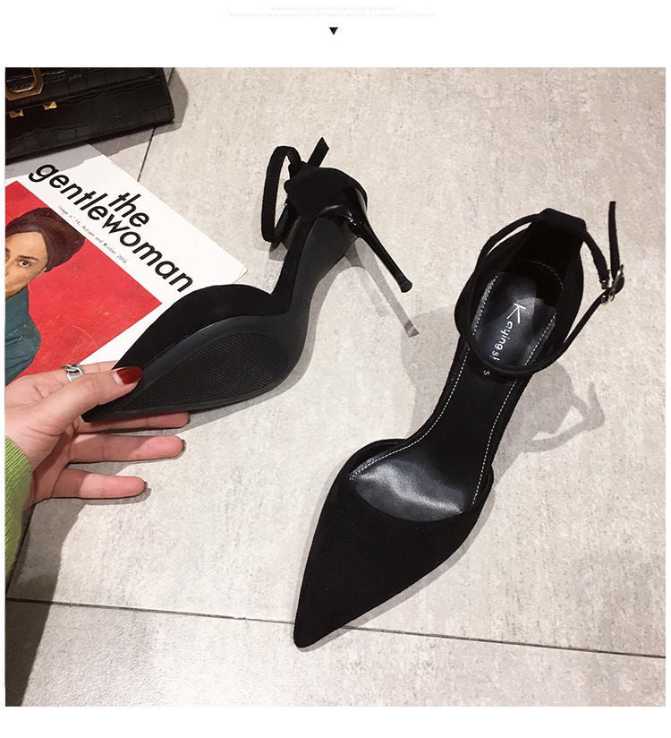 Elegant Pointed Toe Black Heels for Women with thin ankle strap
