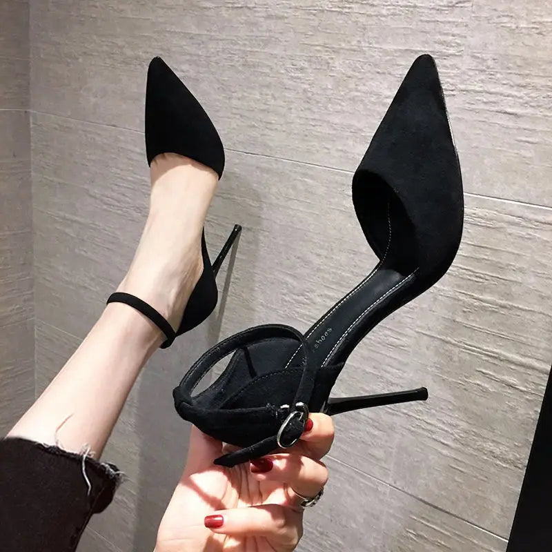 Elegant Pointed Toe Black Heels for Women with thin ankle strap