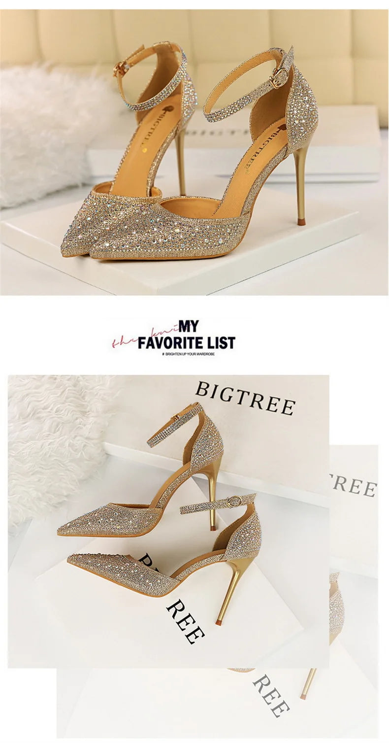 Shiny Rhinestone High Heel Pumps for Women - Stiletto Sandals with Buckle Strap, Pointed Toe Wedding & Party Shoes