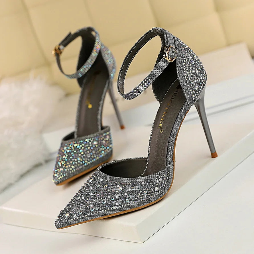Shiny Rhinestone High Heel Pumps for Women - Stiletto Sandals with Buckle Strap, Pointed Toe Wedding & Party Shoes