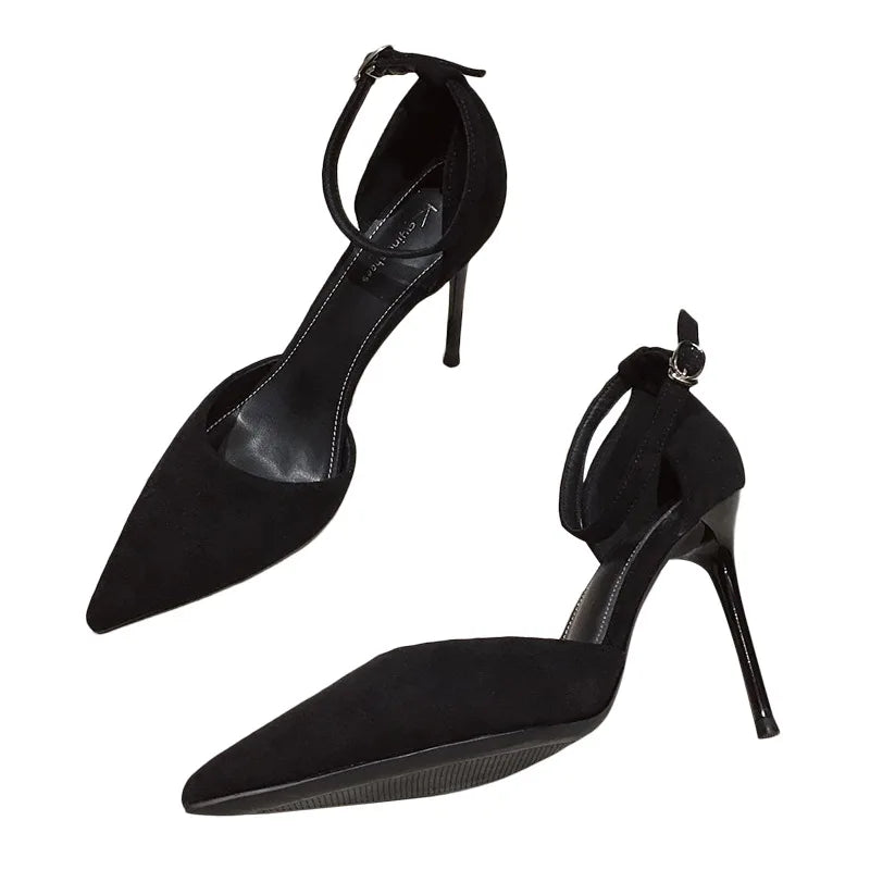Elegant Pointed Toe Black Heels for Women with thin ankle strap