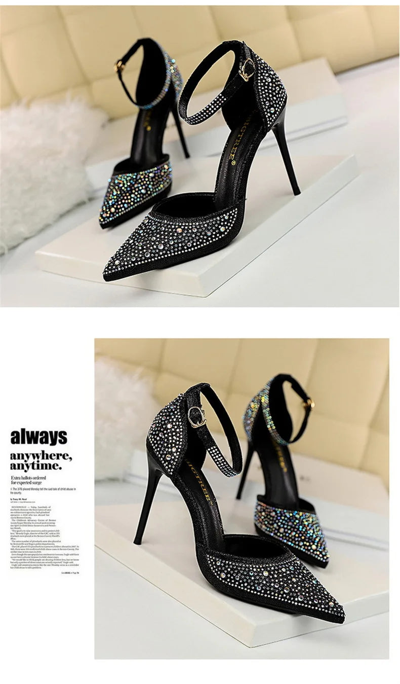 Shiny Rhinestone High Heel Pumps for Women - Stiletto Sandals with Buckle Strap, Pointed Toe Wedding & Party Shoes