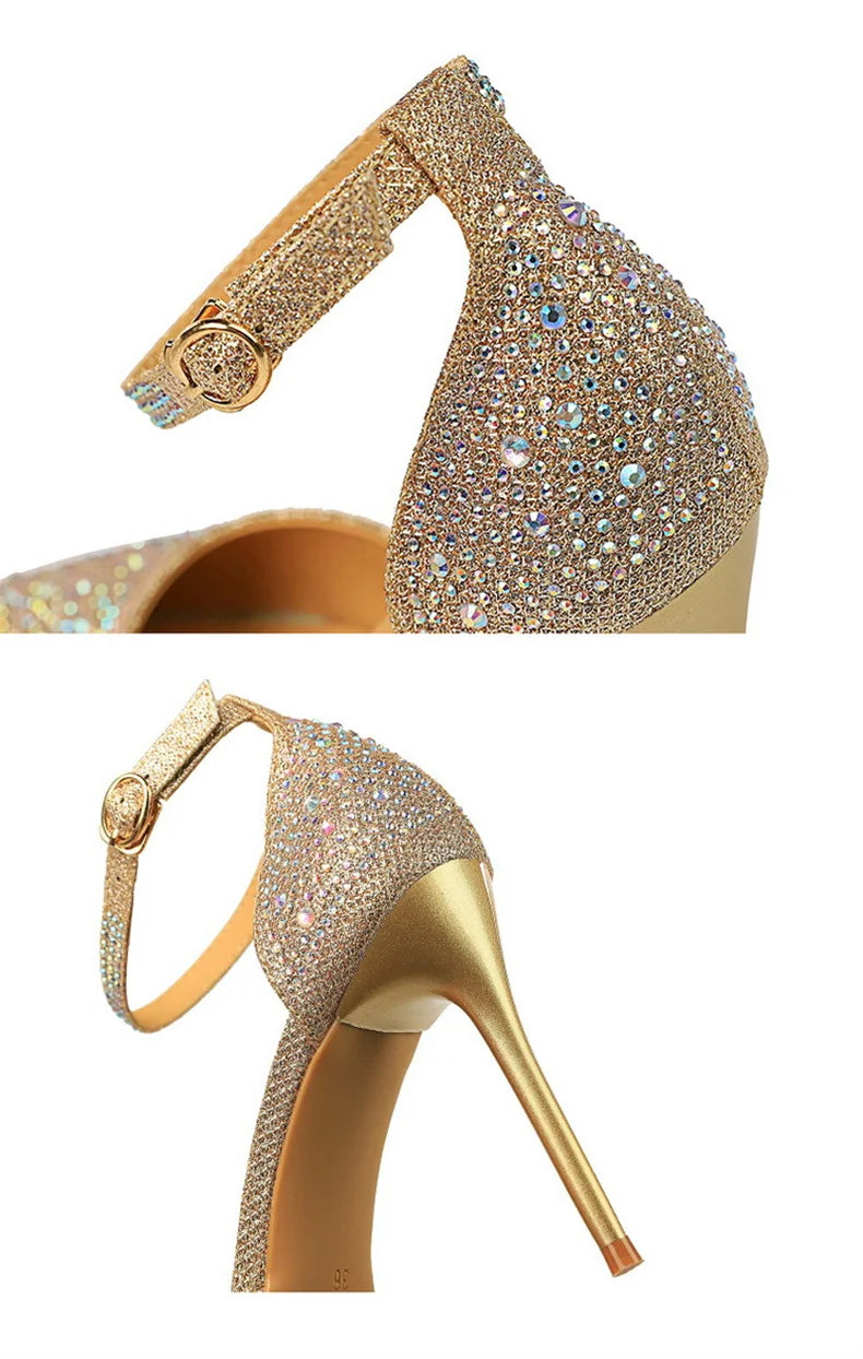 Shiny Rhinestone High Heel Pumps for Women - Stiletto Sandals with Buckle Strap, Pointed Toe Wedding & Party Shoes