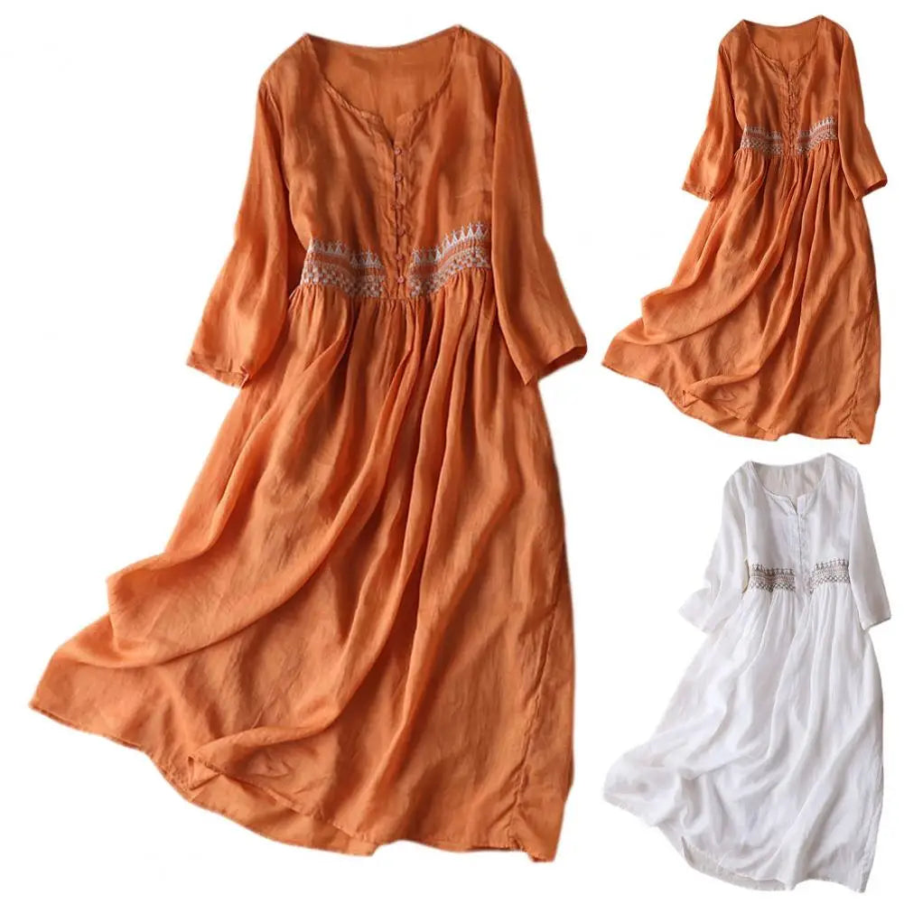 Spring Summer Women’s Dress – Ethnic Style Embroidery, Round Neck, Long Sleeve, A-Line Midi Dress, Loose Fit High Waist Double Layers