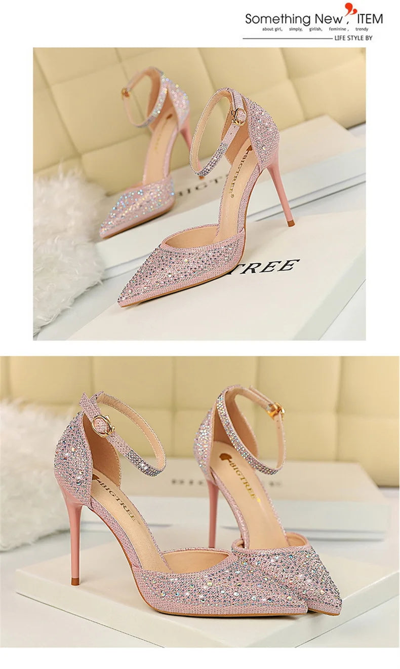 Shiny Rhinestone High Heel Pumps for Women - Stiletto Sandals with Buckle Strap, Pointed Toe Wedding & Party Shoes