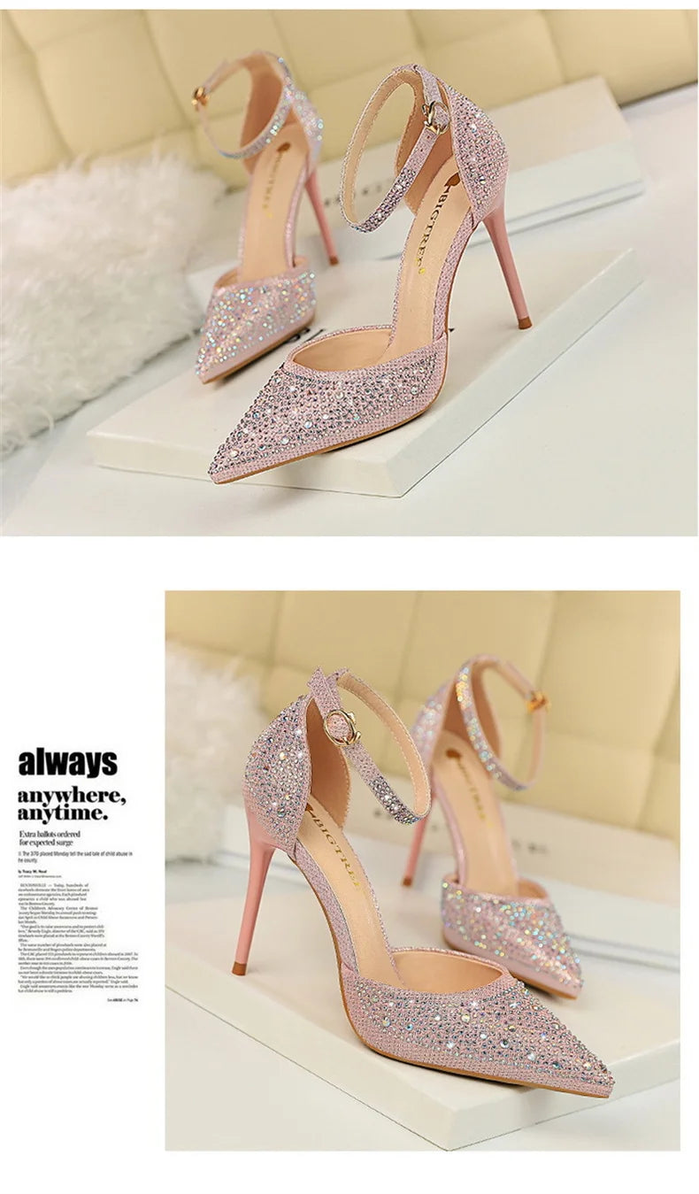 Shiny Rhinestone High Heel Pumps for Women - Stiletto Sandals with Buckle Strap, Pointed Toe Wedding & Party Shoes