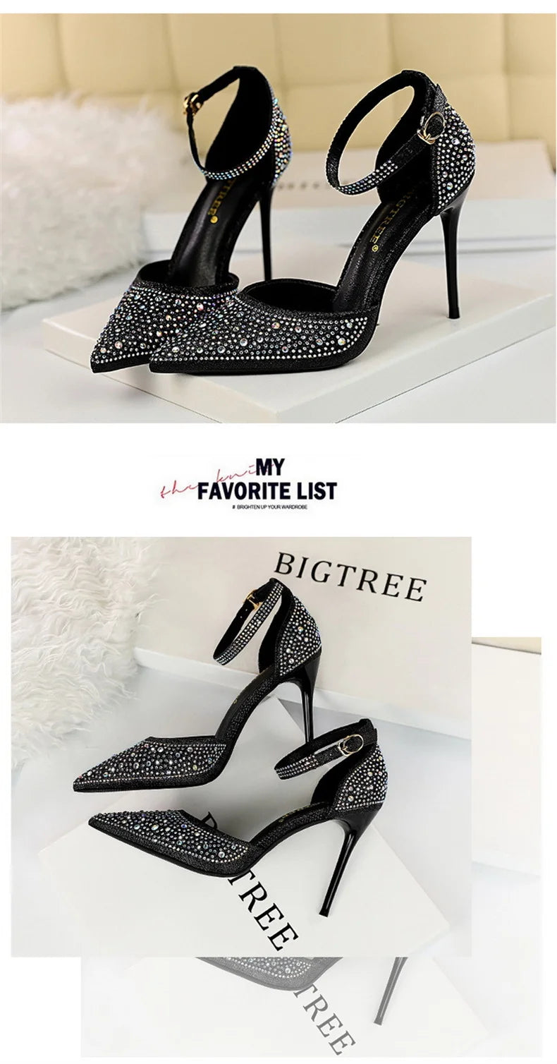 Shiny Rhinestone High Heel Pumps for Women - Stiletto Sandals with Buckle Strap, Pointed Toe Wedding & Party Shoes
