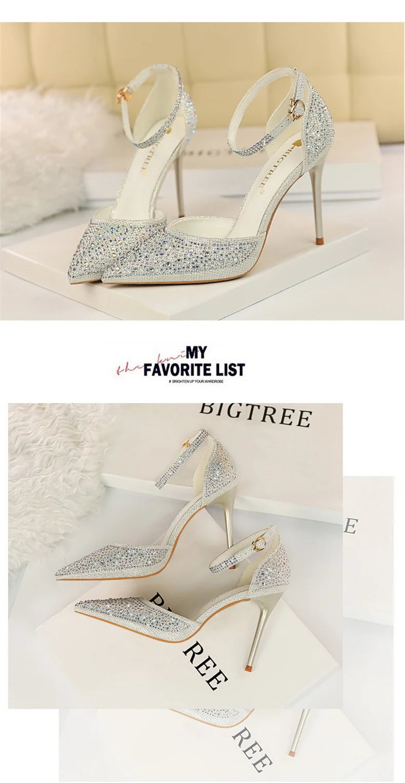 Shiny Rhinestone High Heel Pumps for Women - Stiletto Sandals with Buckle Strap, Pointed Toe Wedding & Party Shoes