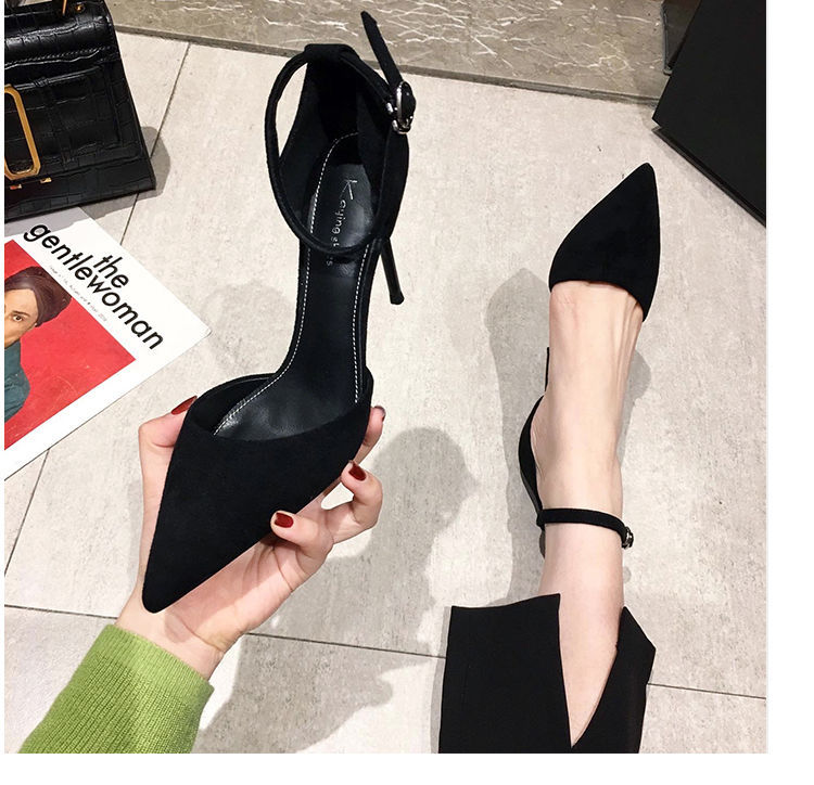 Elegant Pointed Toe Black Heels for Women with thin ankle strap