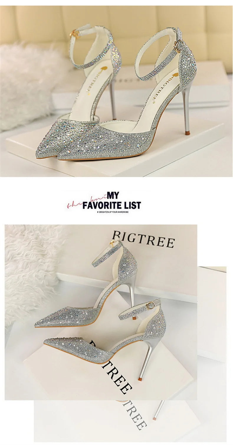 Shiny Rhinestone High Heel Pumps for Women - Stiletto Sandals with Buckle Strap, Pointed Toe Wedding & Party Shoes