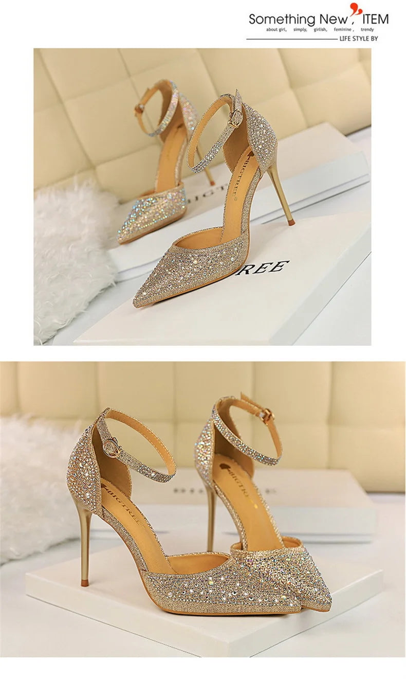Shiny Rhinestone High Heel Pumps for Women - Stiletto Sandals with Buckle Strap, Pointed Toe Wedding & Party Shoes