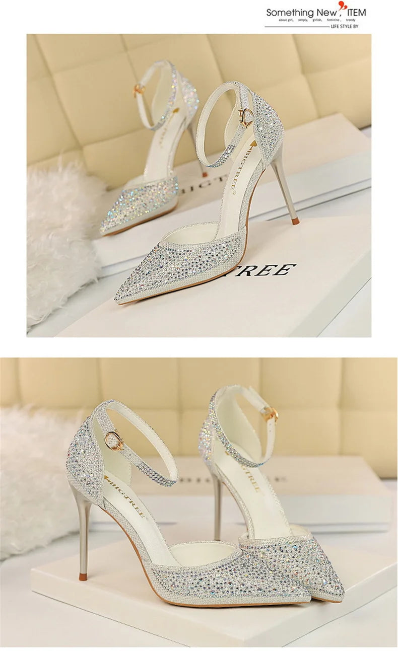 Shiny Rhinestone High Heel Pumps for Women - Stiletto Sandals with Buckle Strap, Pointed Toe Wedding & Party Shoes