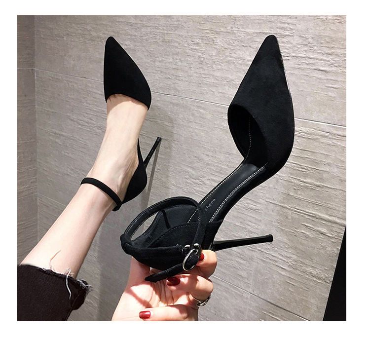 Elegant Pointed Toe Black Heels for Women with thin ankle strap