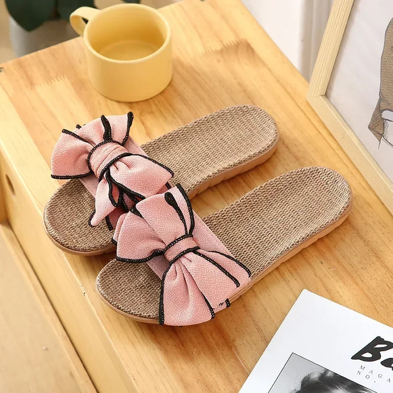 Women’s Casual Slides – Comfortable Slippers with Striped Bow Design – Linen Flip Flops for Ladies – Indoor Shoes