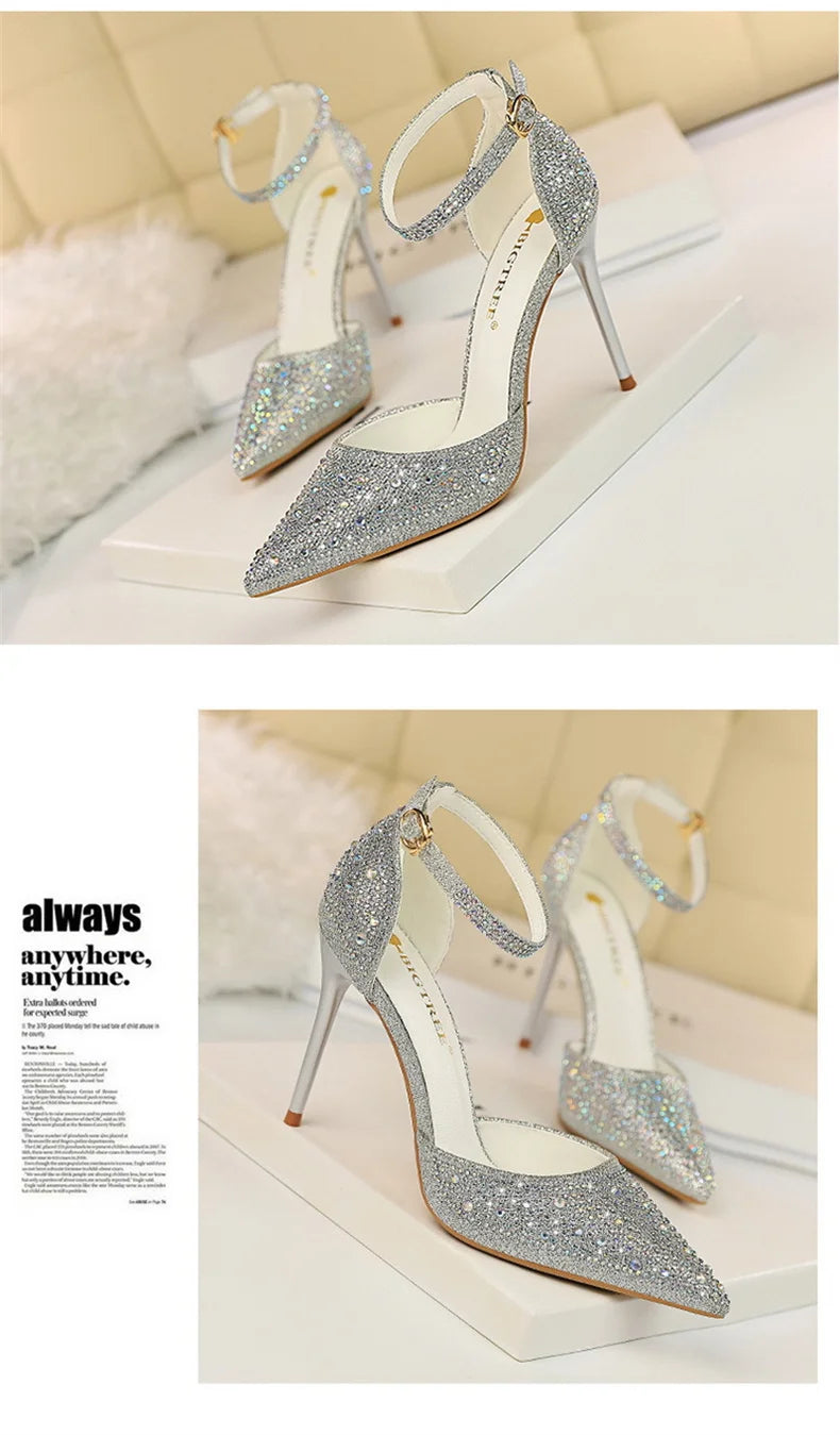 Shiny Rhinestone High Heel Pumps for Women - Stiletto Sandals with Buckle Strap, Pointed Toe Wedding & Party Shoes