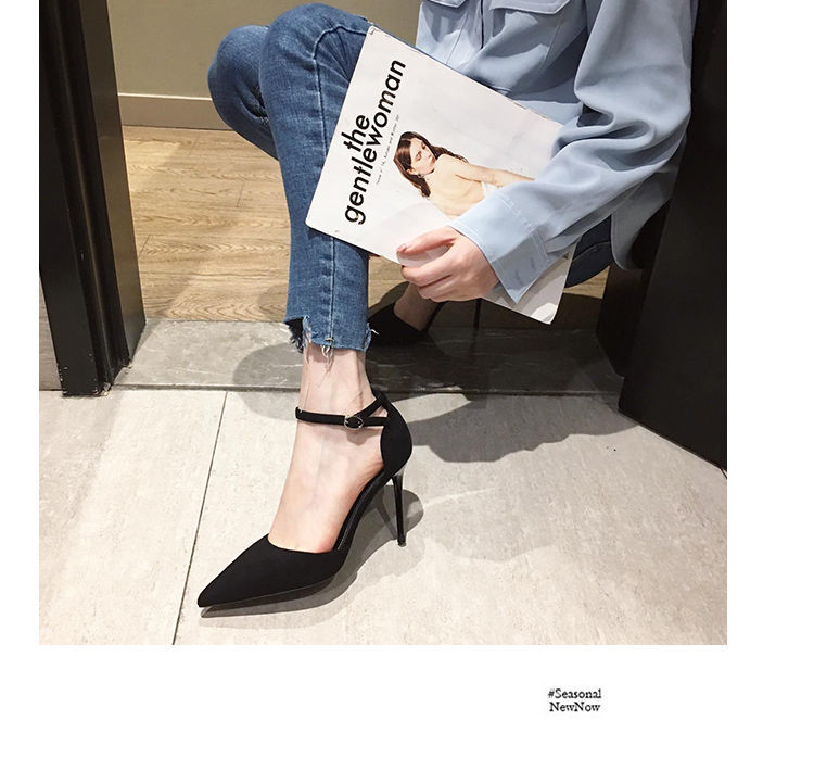 Elegant Pointed Toe Black Heels for Women with thin ankle strap
