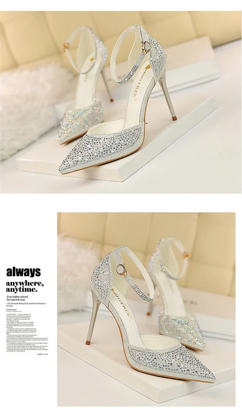 Shiny Rhinestone High Heel Pumps for Women - Stiletto Sandals with Buckle Strap, Pointed Toe Wedding & Party Shoes