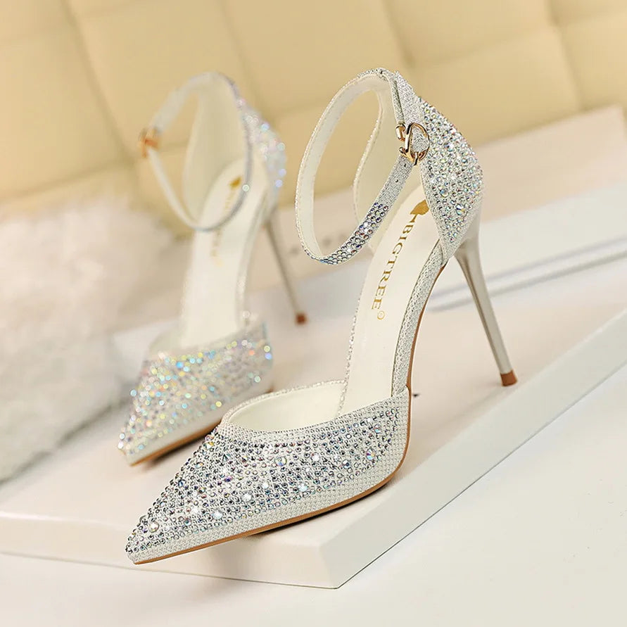 Shiny Rhinestone High Heel Pumps for Women - Stiletto Sandals with Buckle Strap, Pointed Toe Wedding & Party Shoes