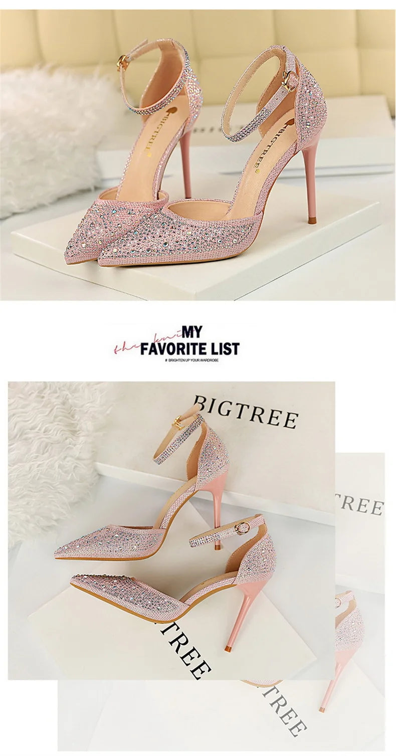 Shiny Rhinestone High Heel Pumps for Women - Stiletto Sandals with Buckle Strap, Pointed Toe Wedding & Party Shoes