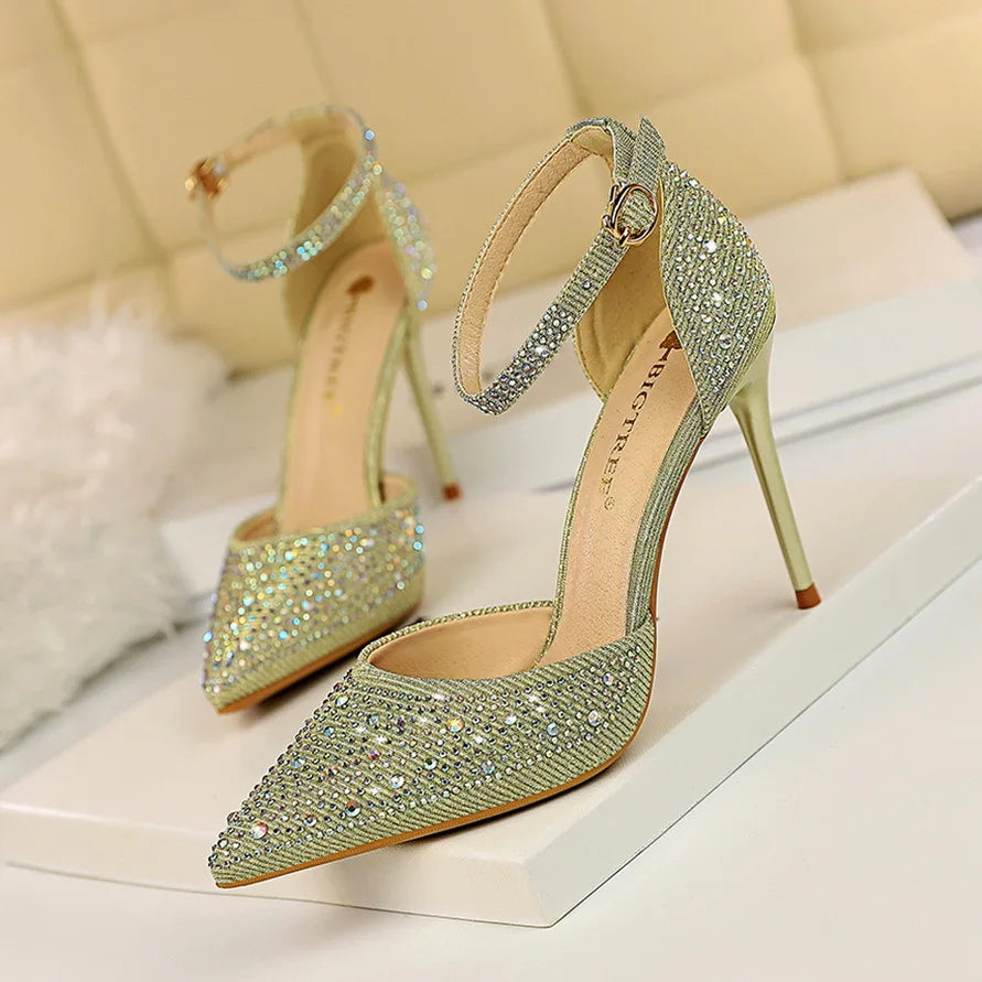 Shiny Rhinestone High Heel Pumps for Women - Stiletto Sandals with Buckle Strap, Pointed Toe Wedding & Party Shoes