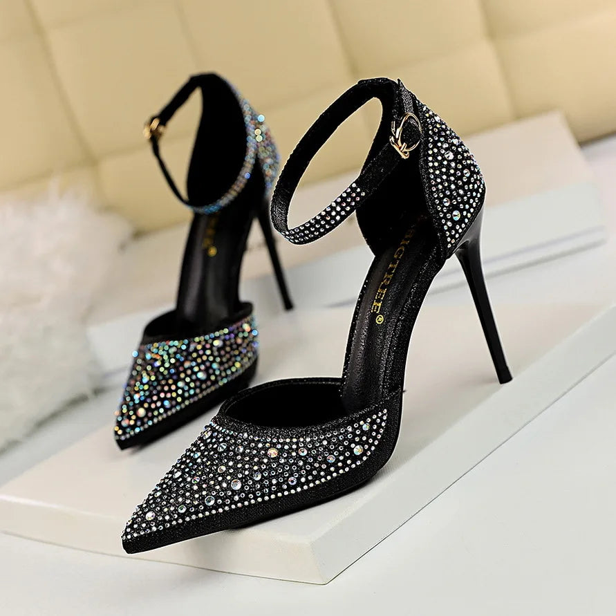 Shiny Rhinestone High Heel Pumps for Women - Stiletto Sandals with Buckle Strap, Pointed Toe Wedding & Party Shoes