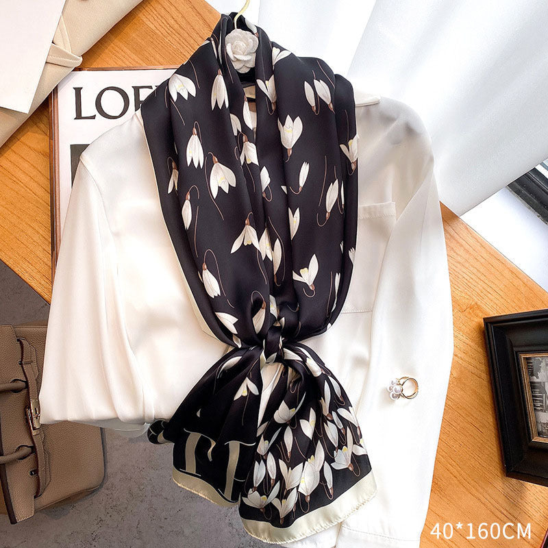 Decorative Floral Imitation Silk Scarf for Women – Geometric Tie-Dye Design, Mid-Length, Curling Edge