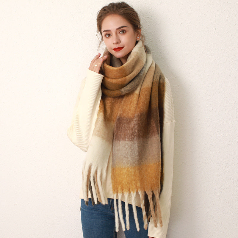 Thickened Mohair-Style Cashmere Scarf for Women – Warm Twill Weave with Tassels, 38x240cm