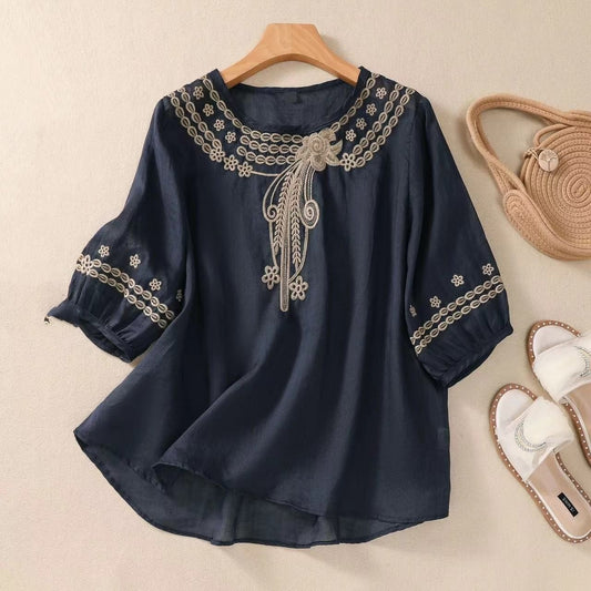 Vintage Cotton and Linen Embroidered Shirt - 3/4 Sleeve Summer Casual Top for Women