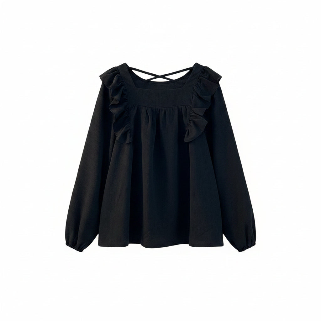 Élégance Ruffled Square Collar Plus Size Top | Korean-Inspired Long Sleeve