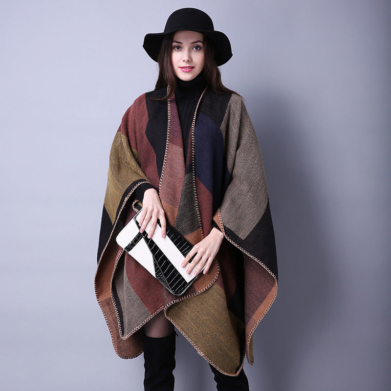 Women's Winter Plaid Scarf – Oversized Imitation Cashmere Shawl Cloak, Multi-Style Wrap