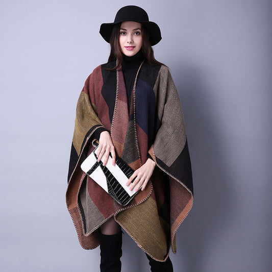 Women's Winter Plaid Scarf – Oversized Imitation Cashmere Shawl Cloak, Multi-Style Wrap